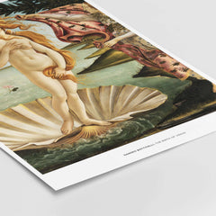 The Birth of Venus Art Print Sandro Botticelli Mythology Poster featuring Venus on a seashell in the sea.