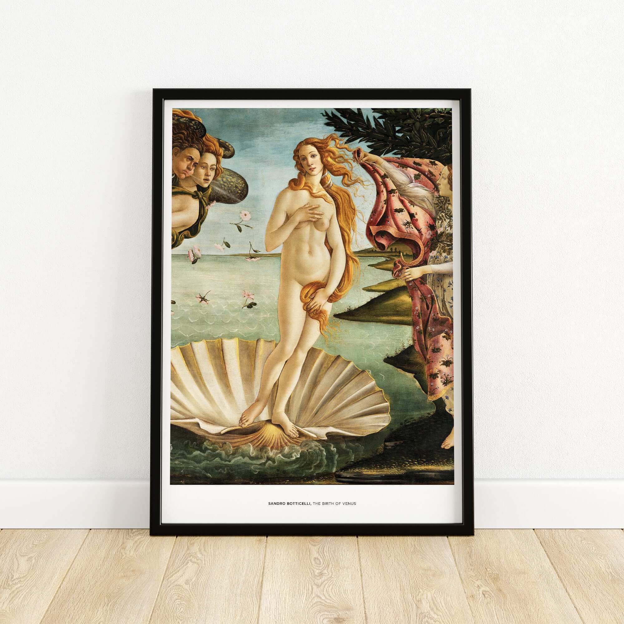The Birth of Venus Art Print Sandro Botticelli Mythology Poster featuring Venus on a seashell.