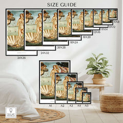 The Birth of Venus Art Print Sandro Botticelli Mythology Poster size guide showcasing various dimensions.