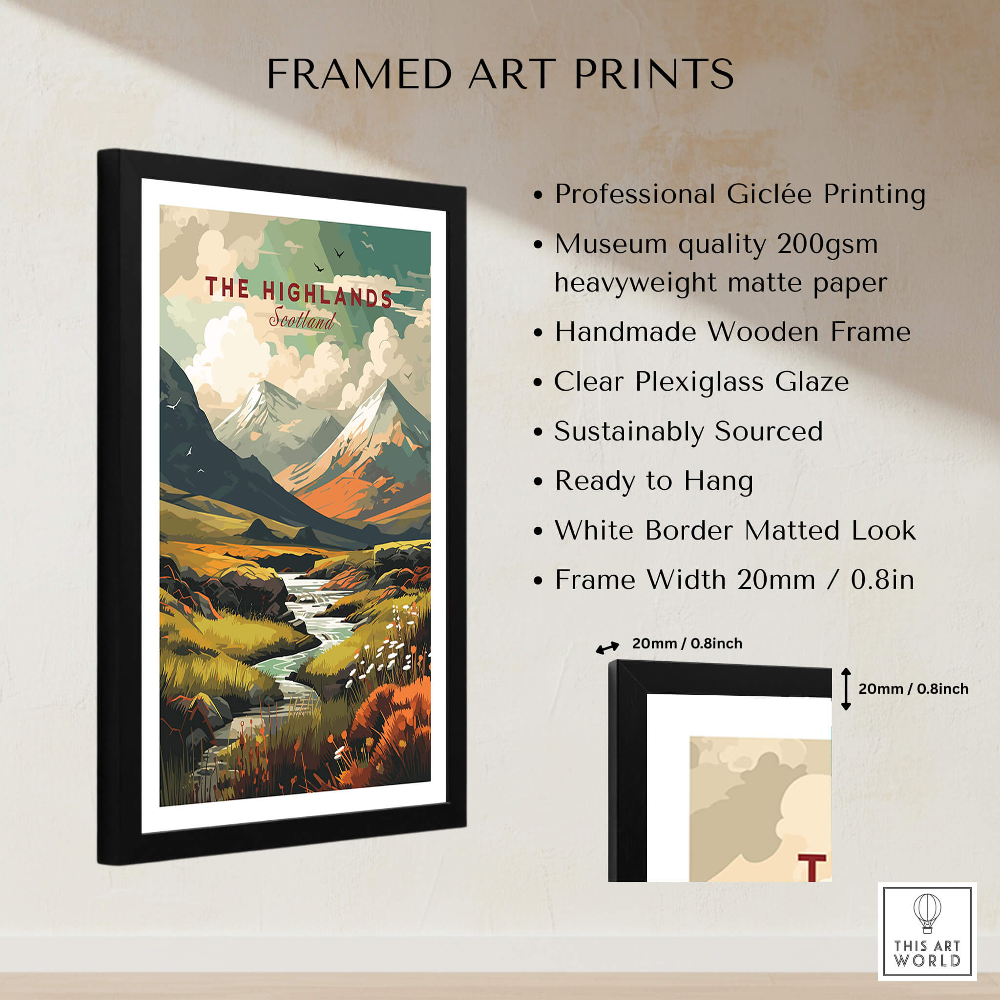 The Highlands Scotland Autumn Valley | Scottish Travel Wall Decor framed print showcasing serene mountainous landscape.