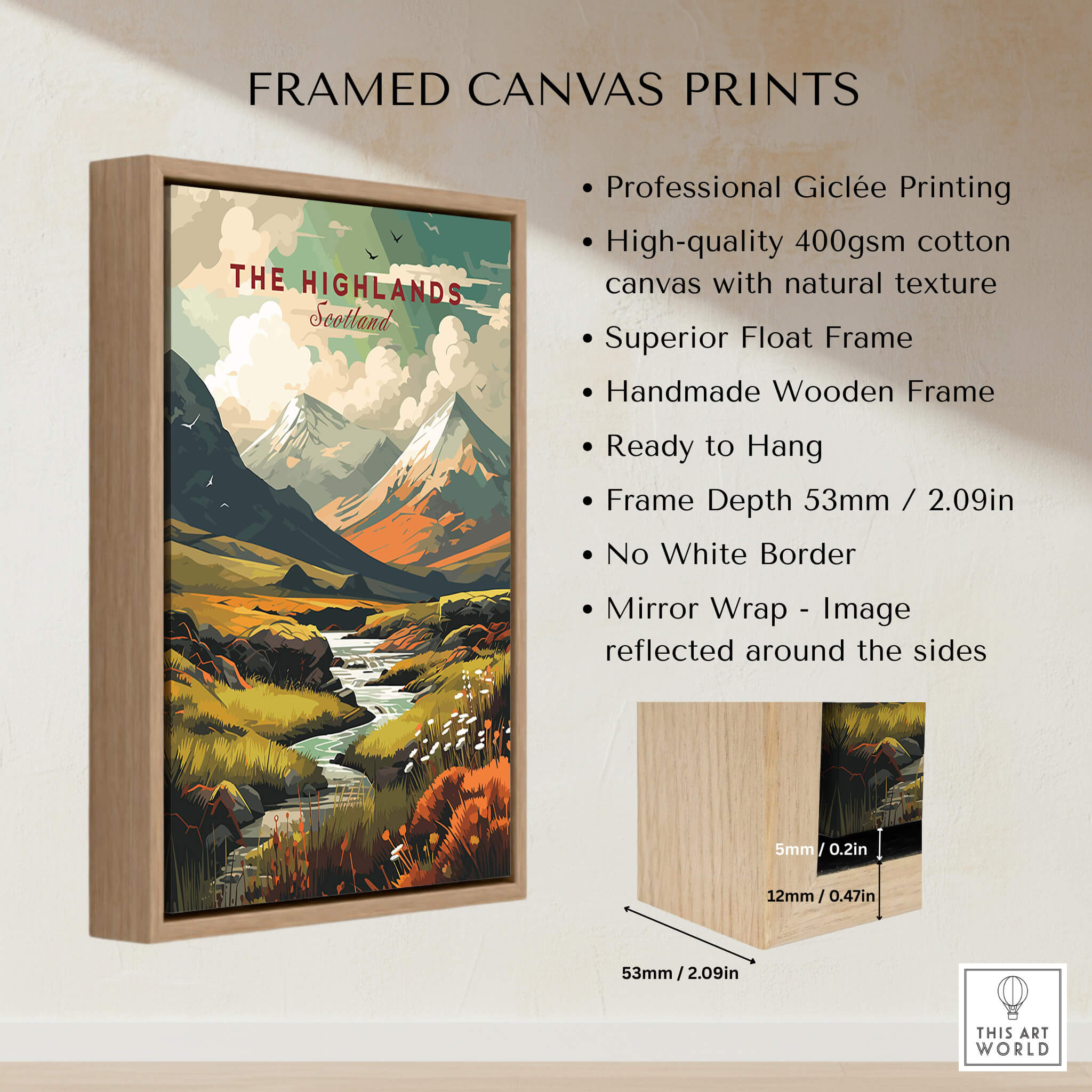 Framed canvas print of The Highlands Scotland Autumn Valley | Scottish Travel Wall Decor featuring layered mountains and autumn hues.