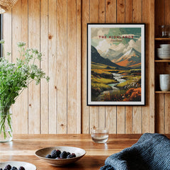 The Highlands Scotland Autumn Valley | Scottish Travel Wall Decor displayed in a cozy wooden interior with green plants.