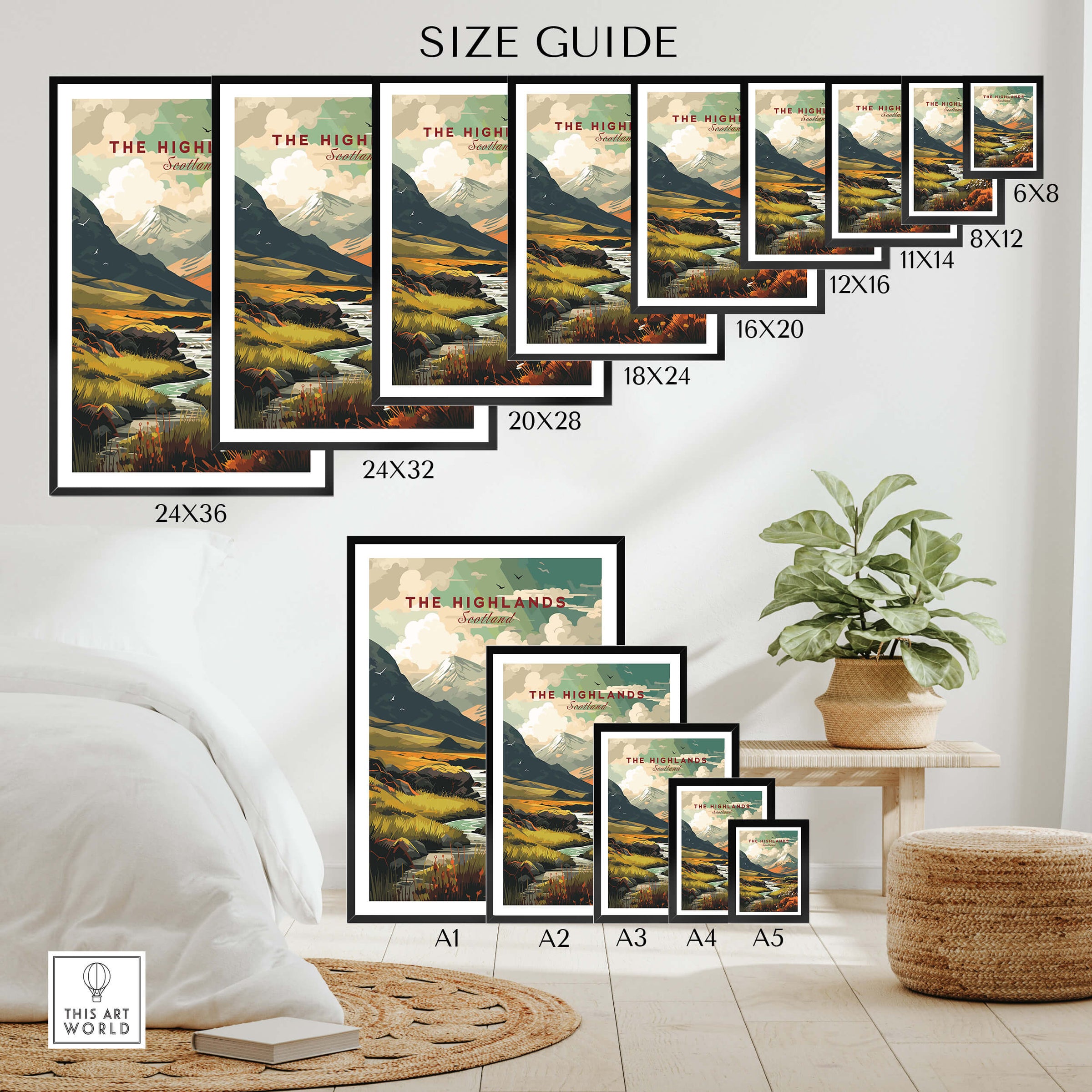 The Highlands Scotland Autumn Valley | Scottish Travel Wall Decor size guide showcasing various dimensions of the artwork.