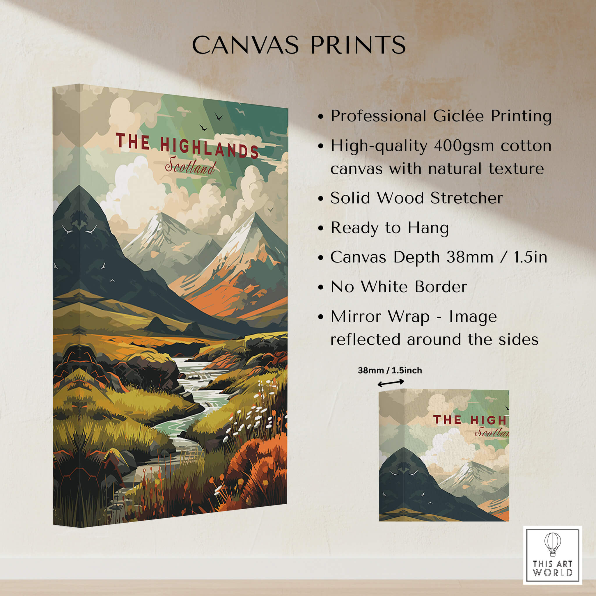 The Highlands Scotland Autumn Valley | Scottish Travel Wall Decor showcasing vibrant scenery and quality canvas print details.