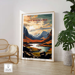 The Highlands Scotland Mountain River Art Print | Glencoe Landscape Poster displayed in a modern interior setting.