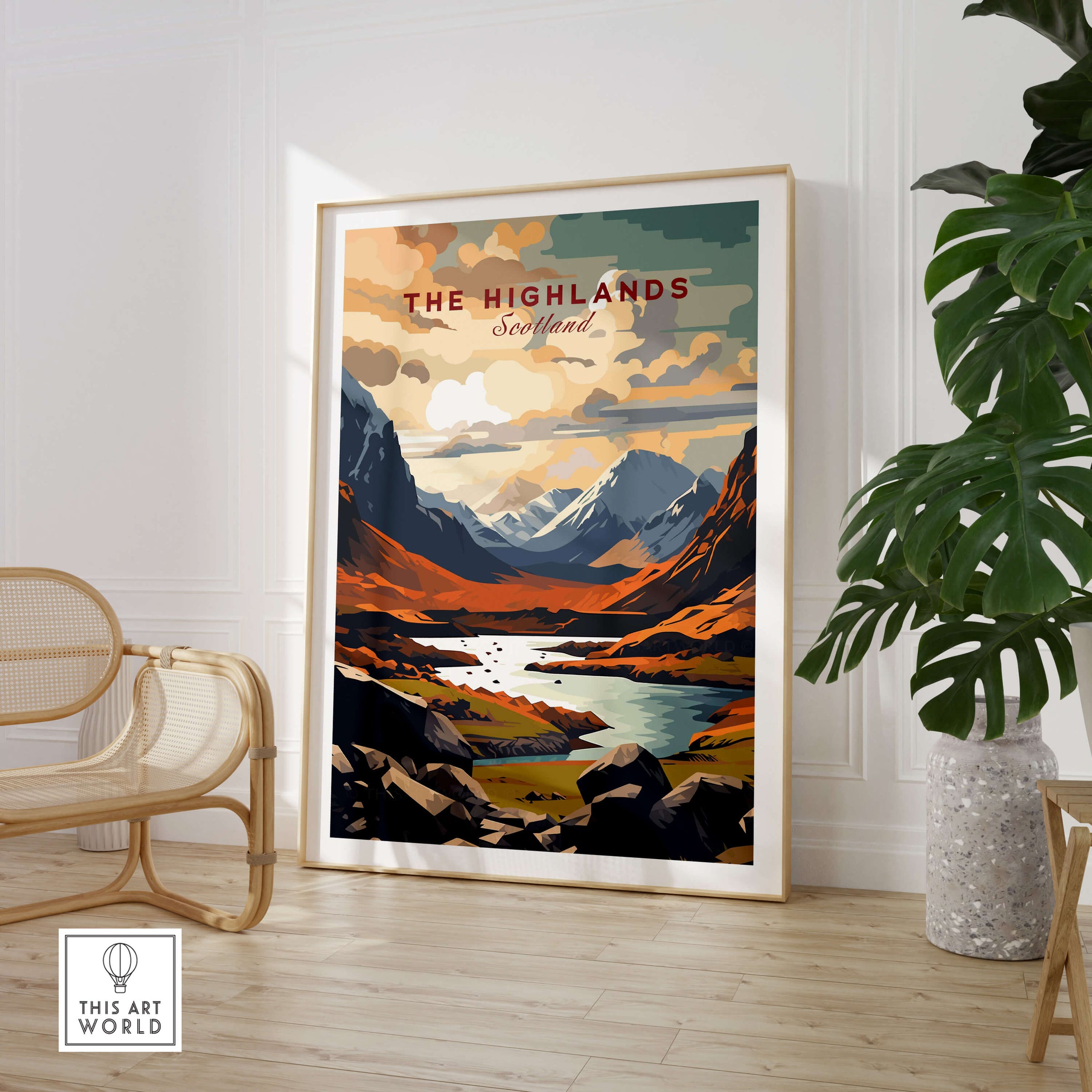 The Highlands Scotland Mountain River Art Print | Glencoe Landscape Poster displayed in a modern interior setting.