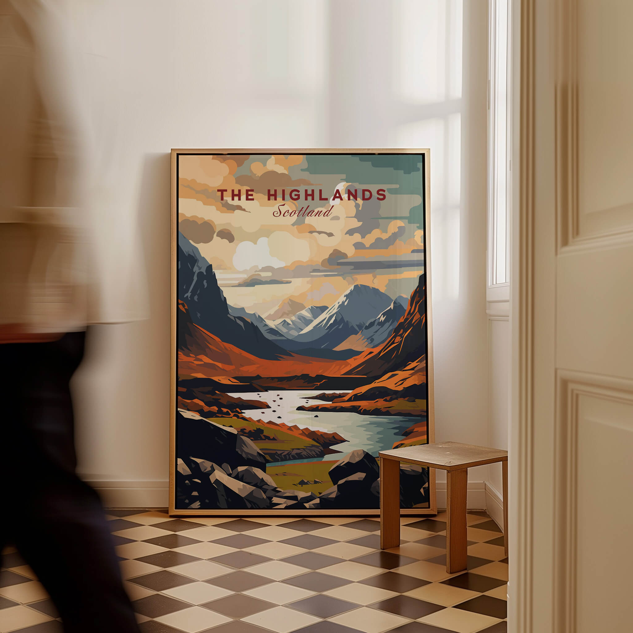 The Highlands Scotland Mountain River Art Print | Glencoe Landscape Poster displayed in a cozy interior.
