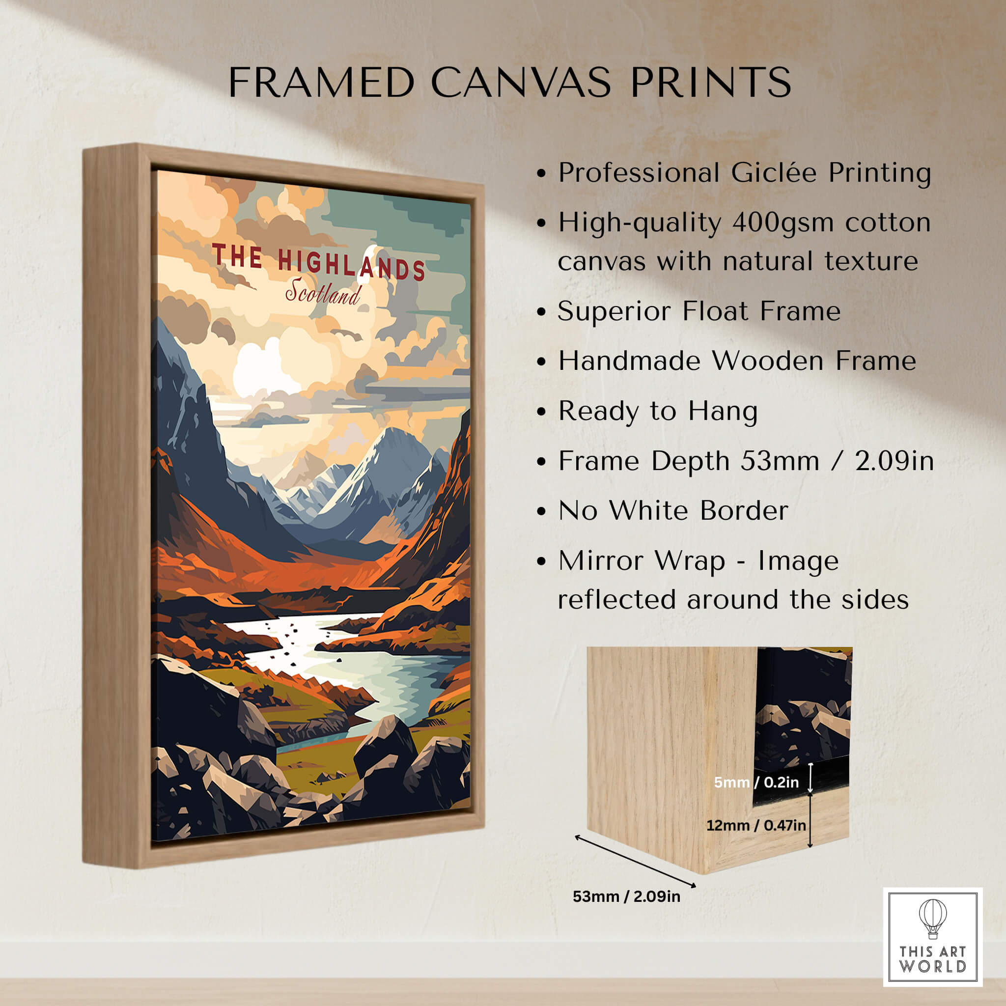 The Highlands Scotland Mountain River Art Print | Glencoe Landscape Poster displayed in a handmade wooden frame.