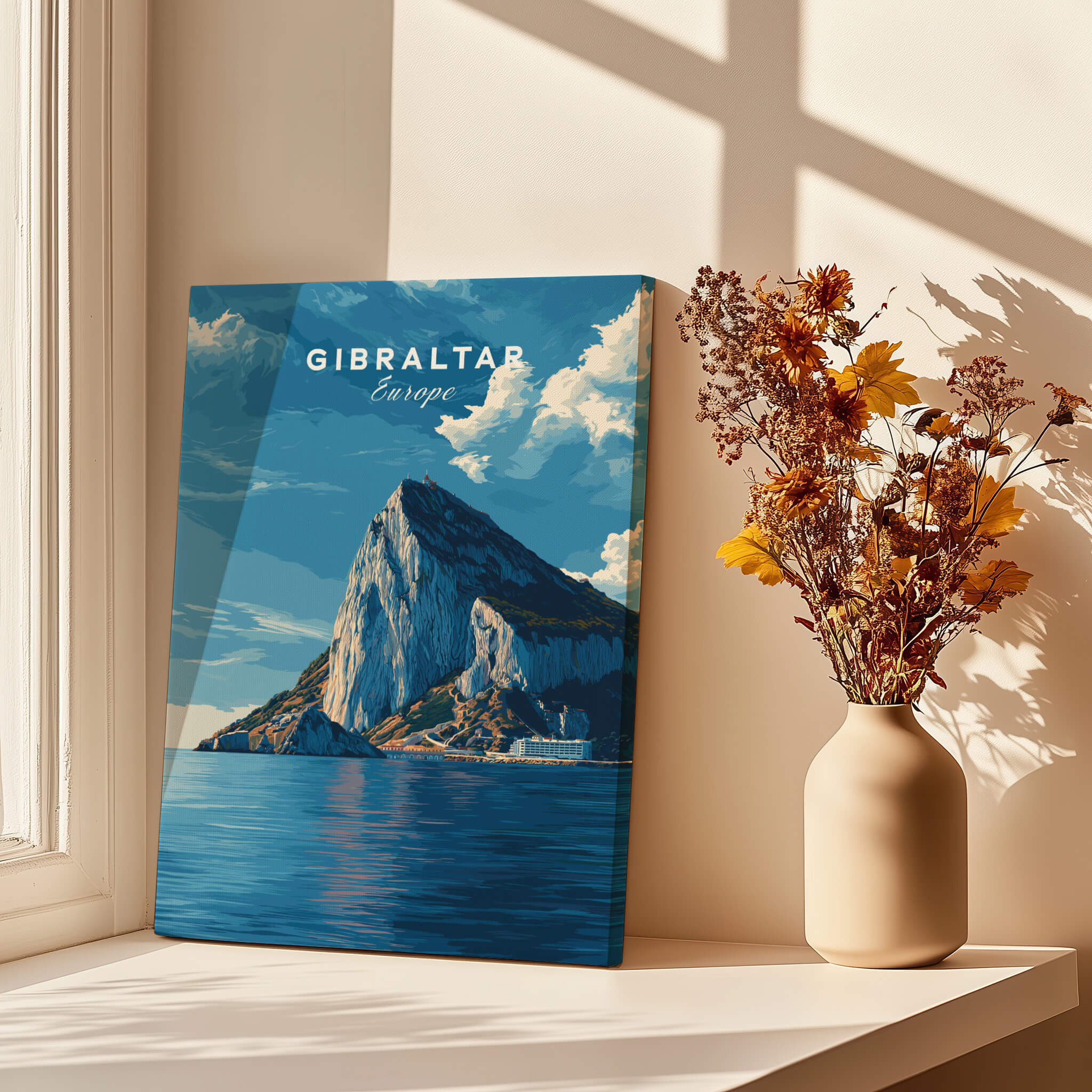 The Rock of Gibraltar Canvas Art Print showcasing the iconic landmark in vibrant colors and intricate details.