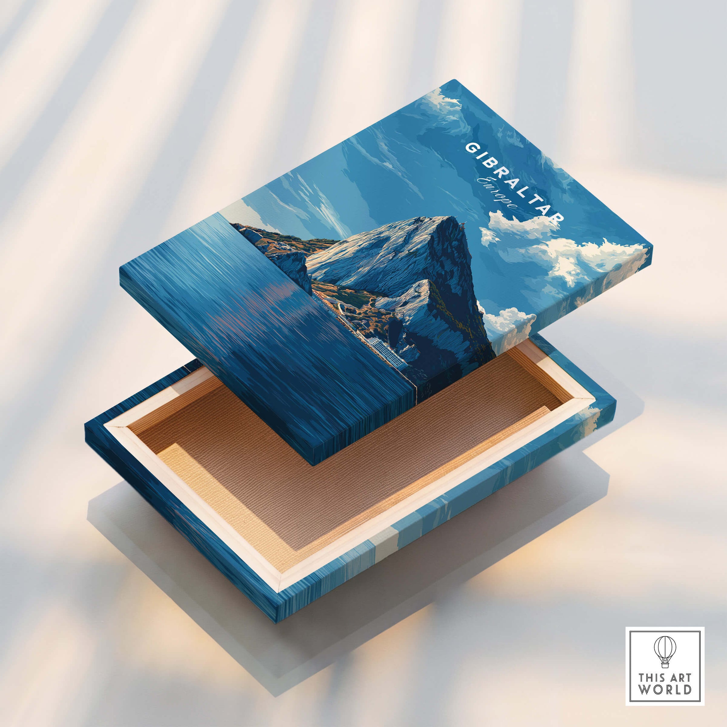 The Rock of Gibraltar Canvas Art Print showcased as a beautiful box with a stunning landscape design.