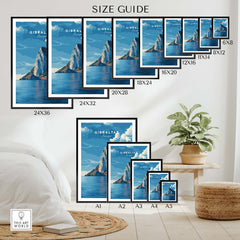 The Rock of Gibraltar Canvas Art Print size guide showing various frame sizes and display options.