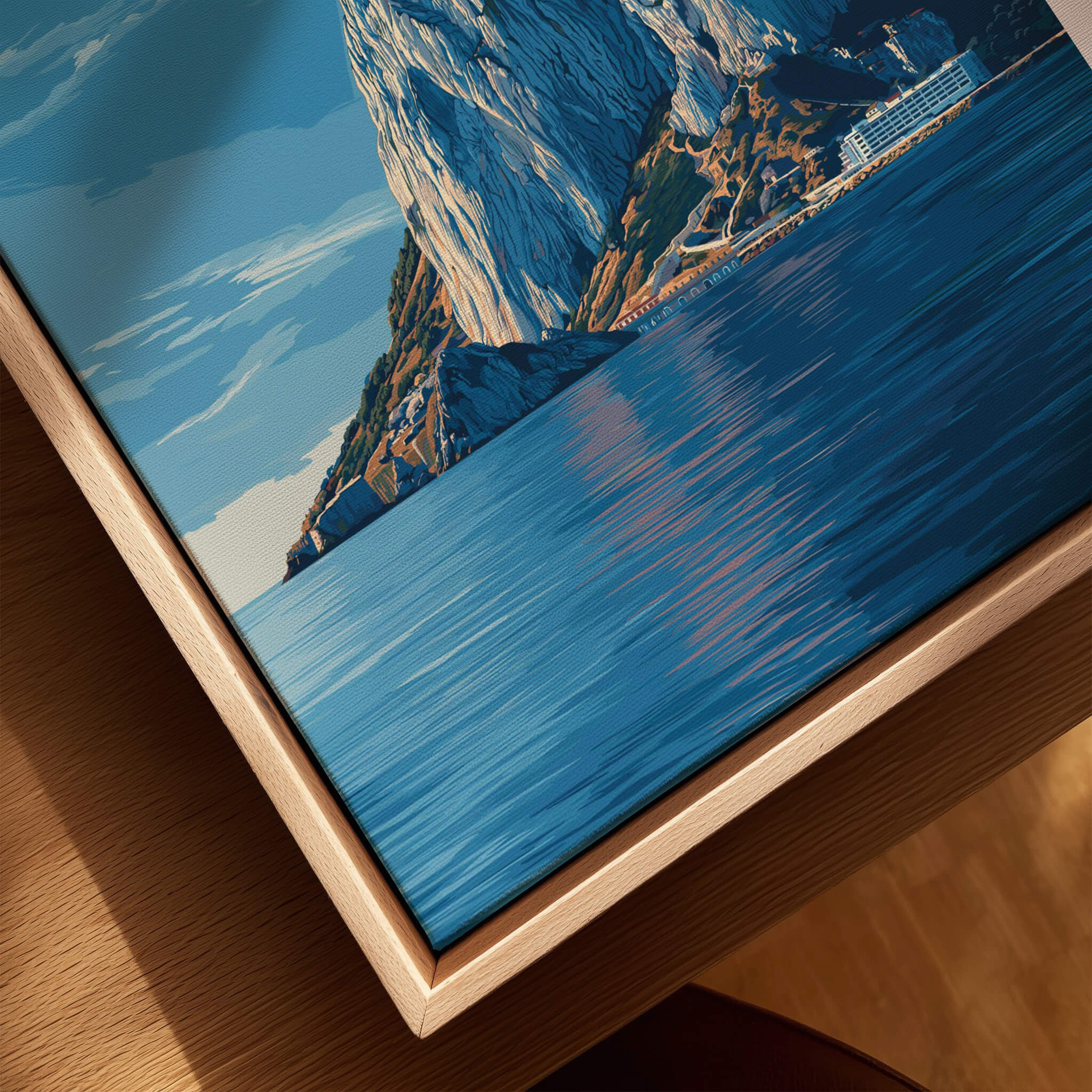 The Rock of Gibraltar Canvas Art Print featuring striking detail of Gibraltar's iconic landmark against a serene Mediterranean backdrop.