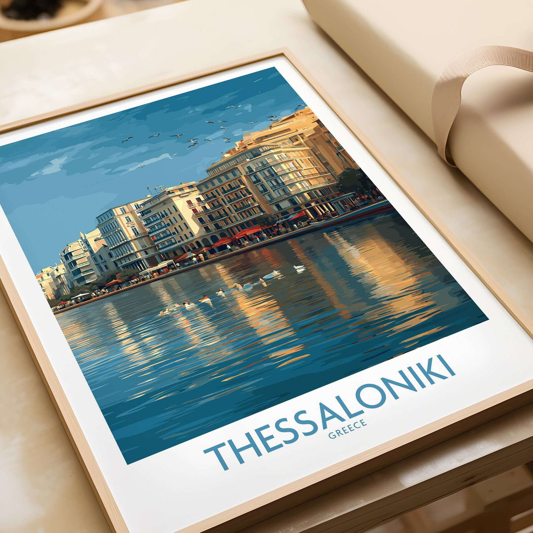 Thessaloniki Greece Art Print | City Poster showcasing waterfront buildings and serene reflections.