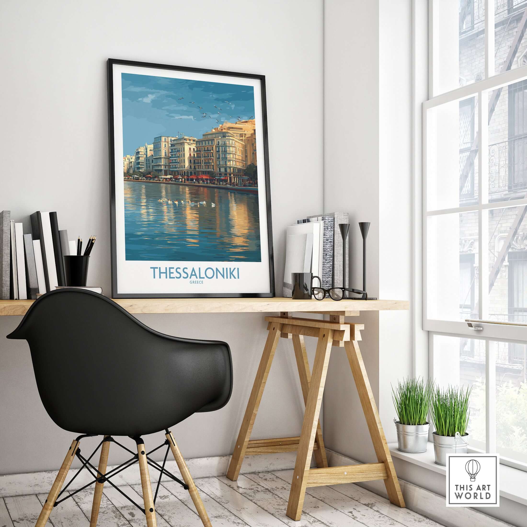Thessaloniki Greece Art Print | City Poster displayed in a modern workspace, showcasing the vibrant cityscape.