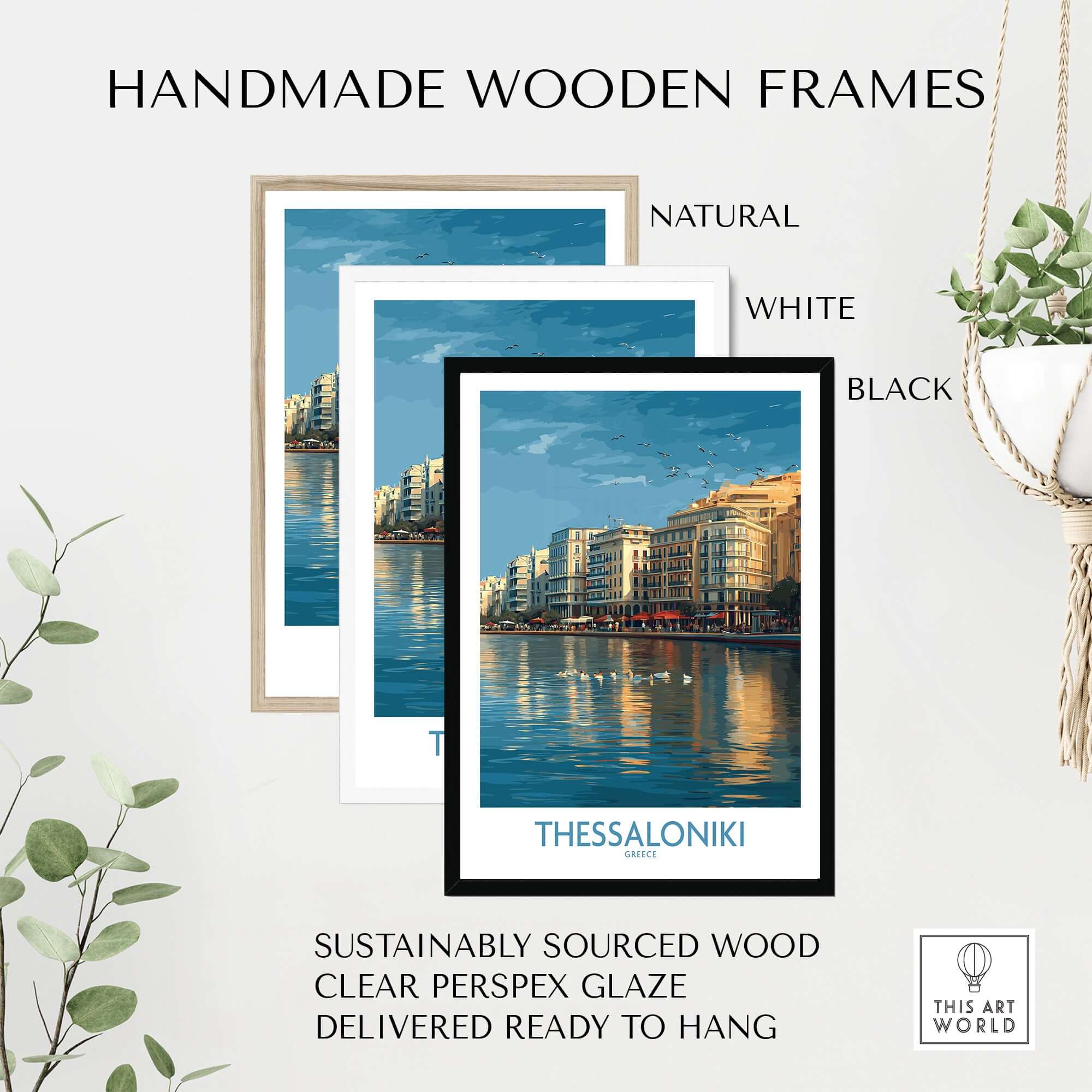 Thessaloniki Greece Art Print | City Poster in handmade wooden frames natural, white, and black options.