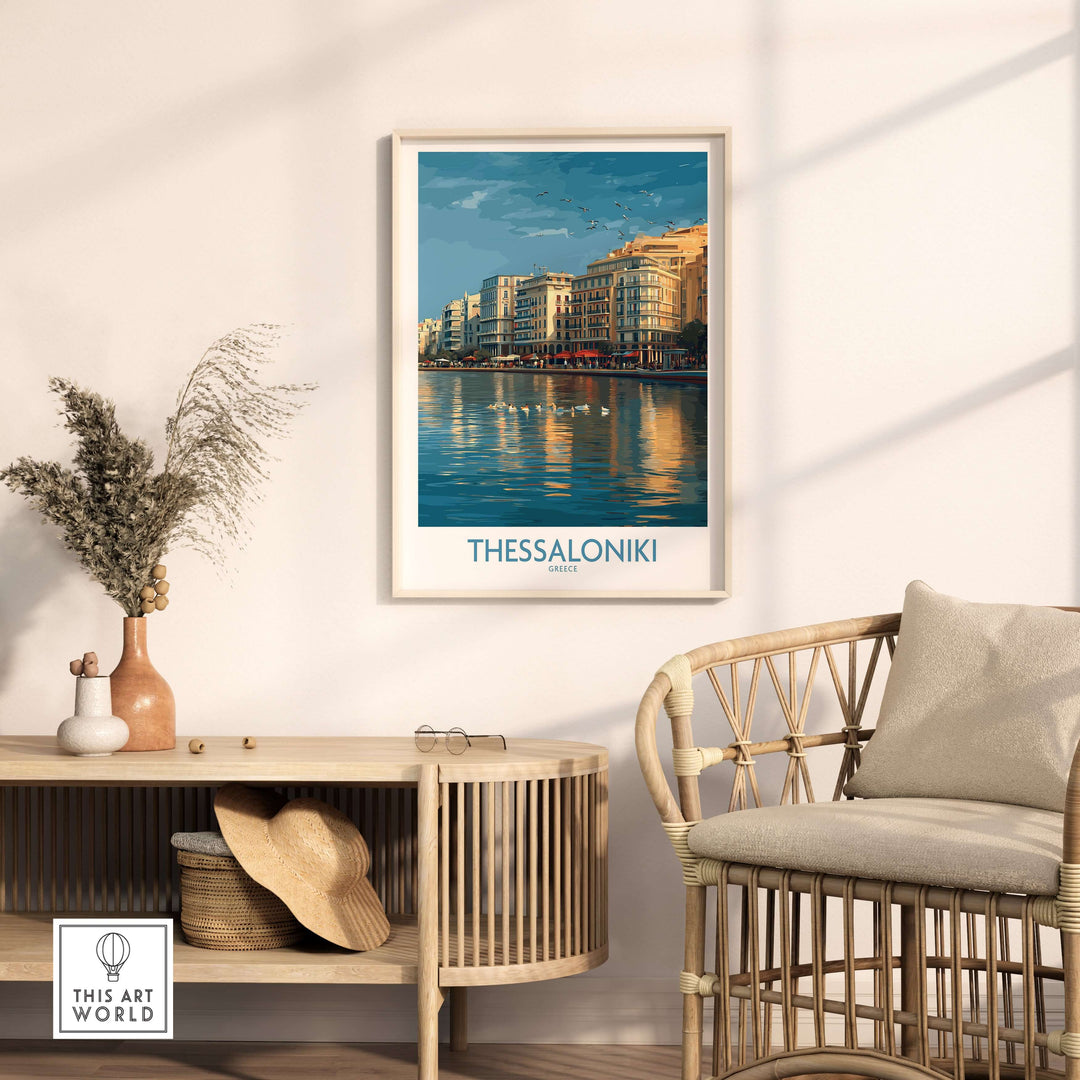 Thessaloniki Greece Art Print | City Poster displayed in a modern interior with reflections on water.