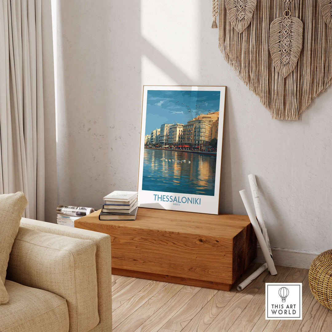 Thessaloniki Greece Art Print | City Poster displayed in a modern living room with a cozy atmosphere.