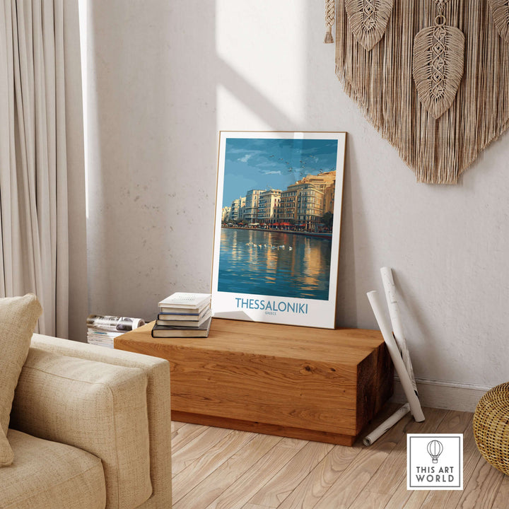 Thessaloniki Greece Art Print | City Poster displayed in a modern living room with a cozy atmosphere.