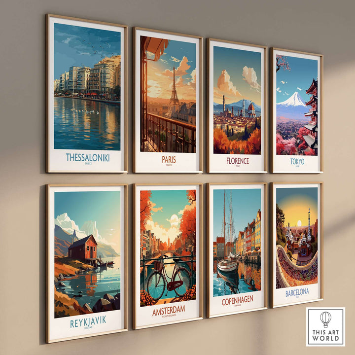 Thessaloniki Greece Art Print | City Poster displayed among other city posters on a gallery wall.
