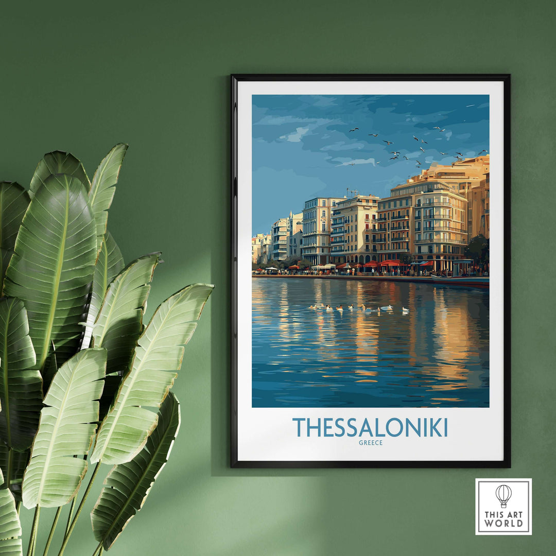 Thessaloniki Greece Art Print | City Poster showcasing the waterfront and historic buildings with a tranquil sky.