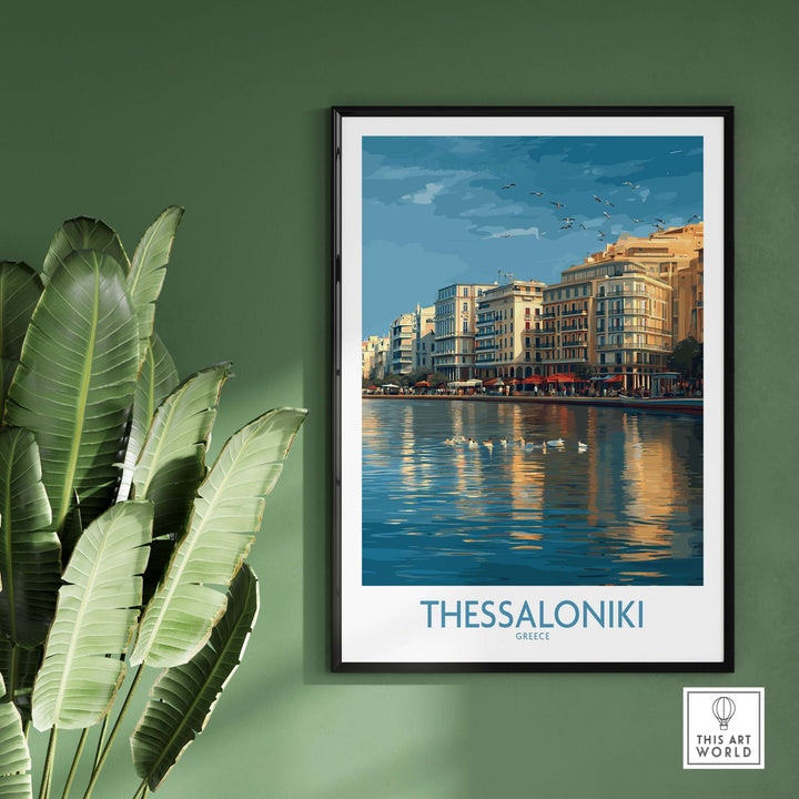 Thessaloniki Greece Art Print | City Poster showcasing the waterfront and historic buildings with a tranquil sky.