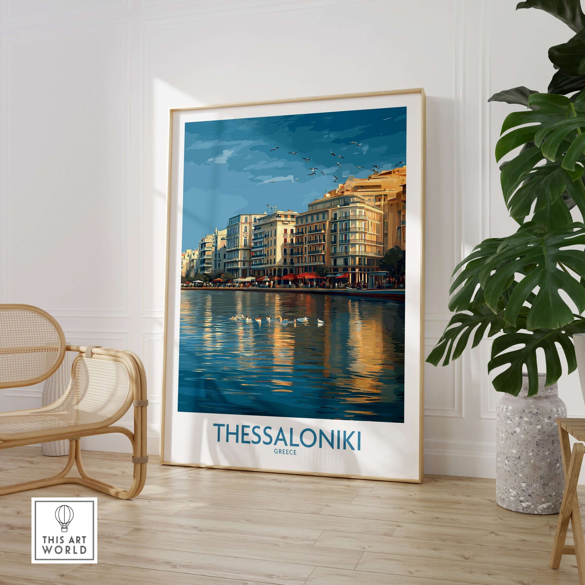 Thessaloniki Greece Art Print | City Poster showcasing beautiful coastal buildings and reflections on water.