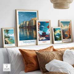 Thessaloniki Greece Art Print | City Poster displayed among other travel art prints in a stylish living room setting.