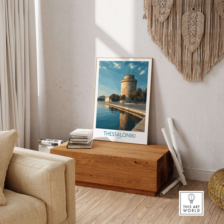 Thessaloniki Greece Print - White Tower of Thessaloniki displayed in a stylish living room decor.