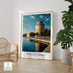 Thessaloniki Greece Print - White Tower of Thessaloniki showcased in stylish decor with a plant and chair.