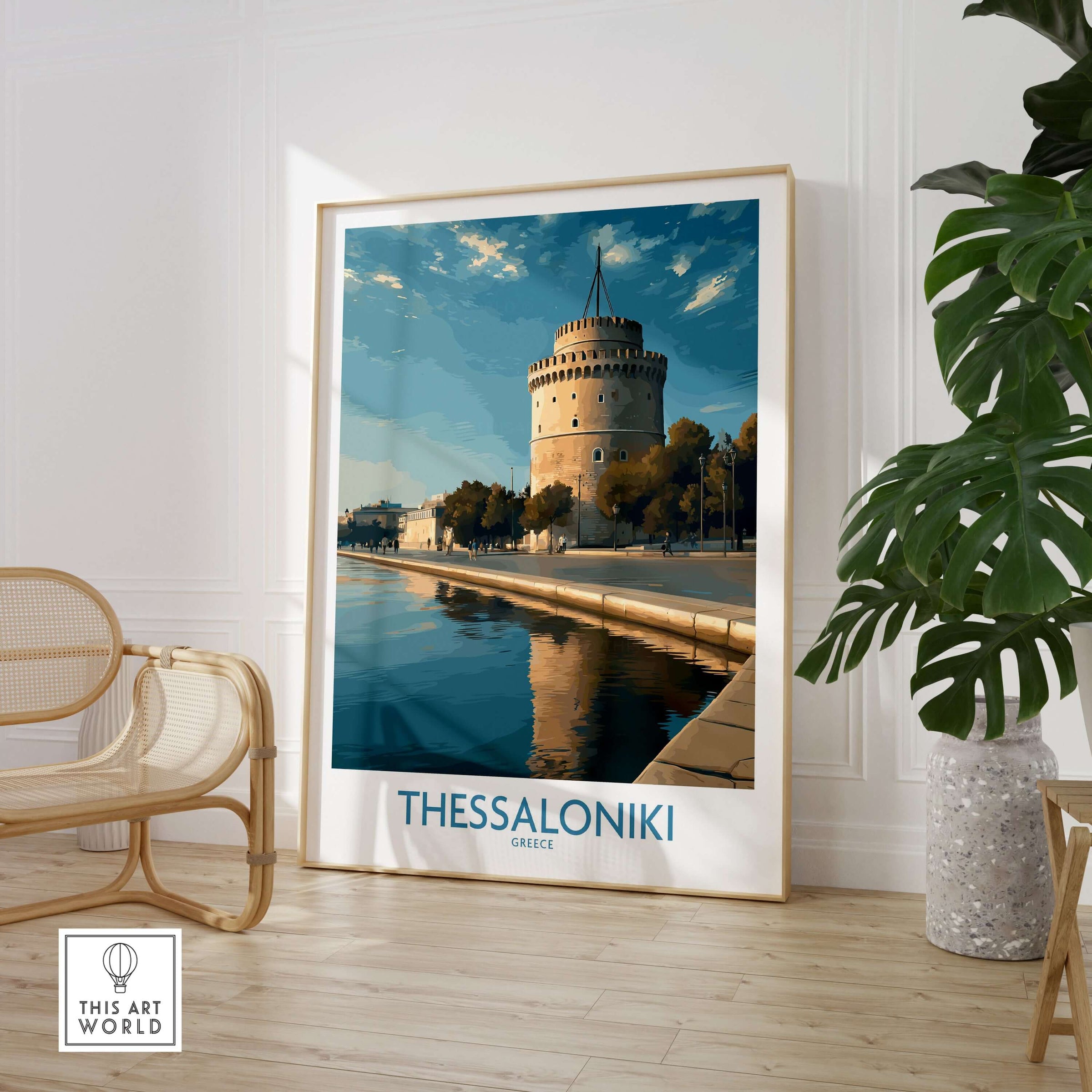 Thessaloniki Greece Print - White Tower of Thessaloniki showcased in stylish decor with a plant and chair.