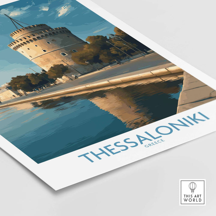Thessaloniki Greece Print - White Tower of Thessaloniki artwork featuring iconic tower and reflection in water.