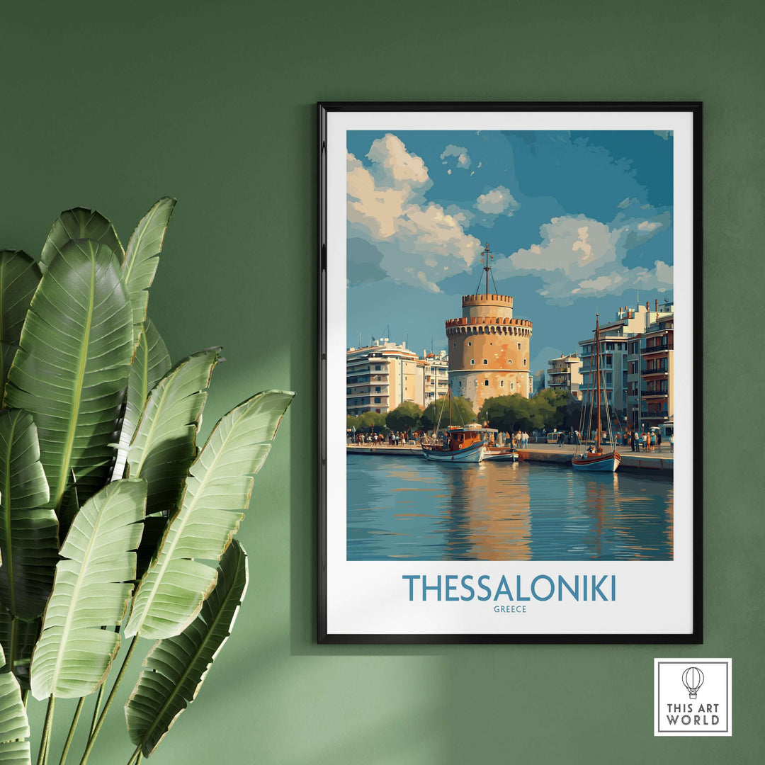 Thessaloniki Greece Poster | Historic Port Scene Print featuring the iconic White Tower and bustling harbor.