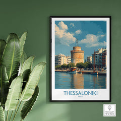 Thessaloniki Greece Poster | Historic Port Scene Print showcasing the iconic White Tower and waterfront view in vibrant colors.