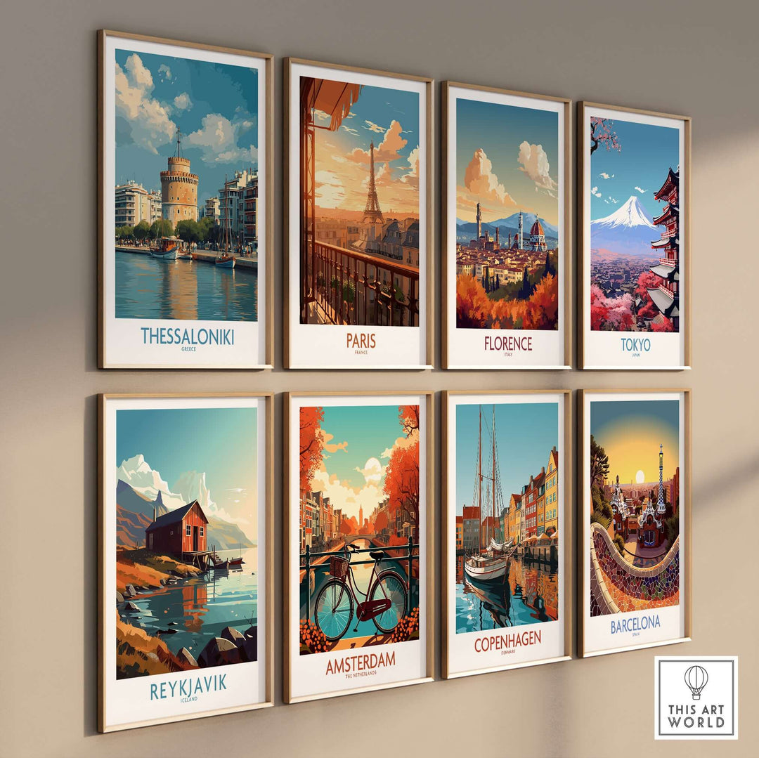 Thessaloniki Greece Poster | Historic Port Scene Print displayed among other city posters on a wall.