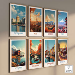 Thessaloniki Greece Poster | Historic Port Scene Print art displayed on a gallery wall featuring vibrant cityscapes.
