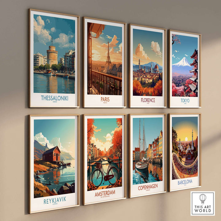 Thessaloniki Greece Poster | Historic Port Scene Print displayed among other city posters on a wall.