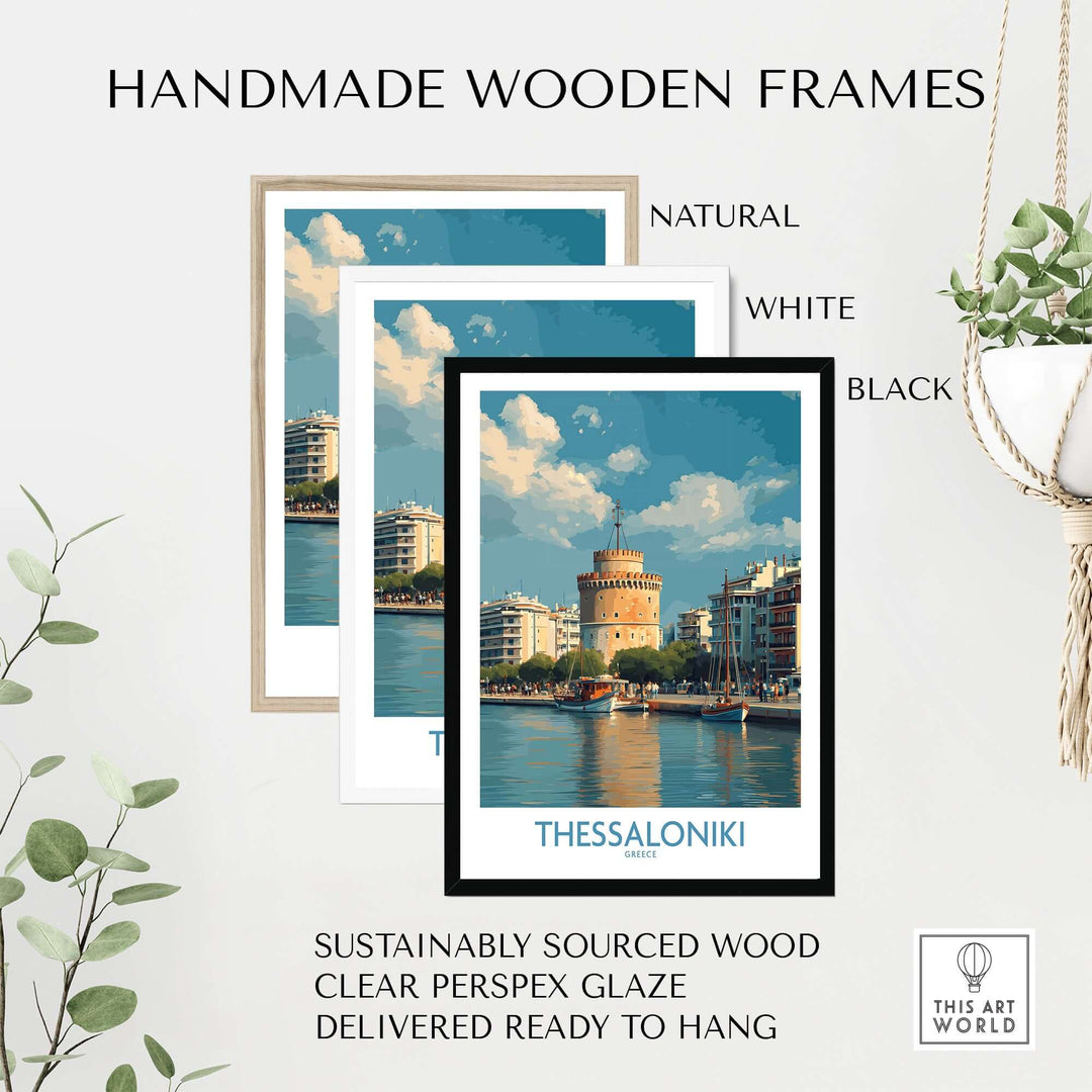 Thessaloniki Greece Poster | Historic Port Scene Print displayed in handmade wooden frames in natural, white, and black.
