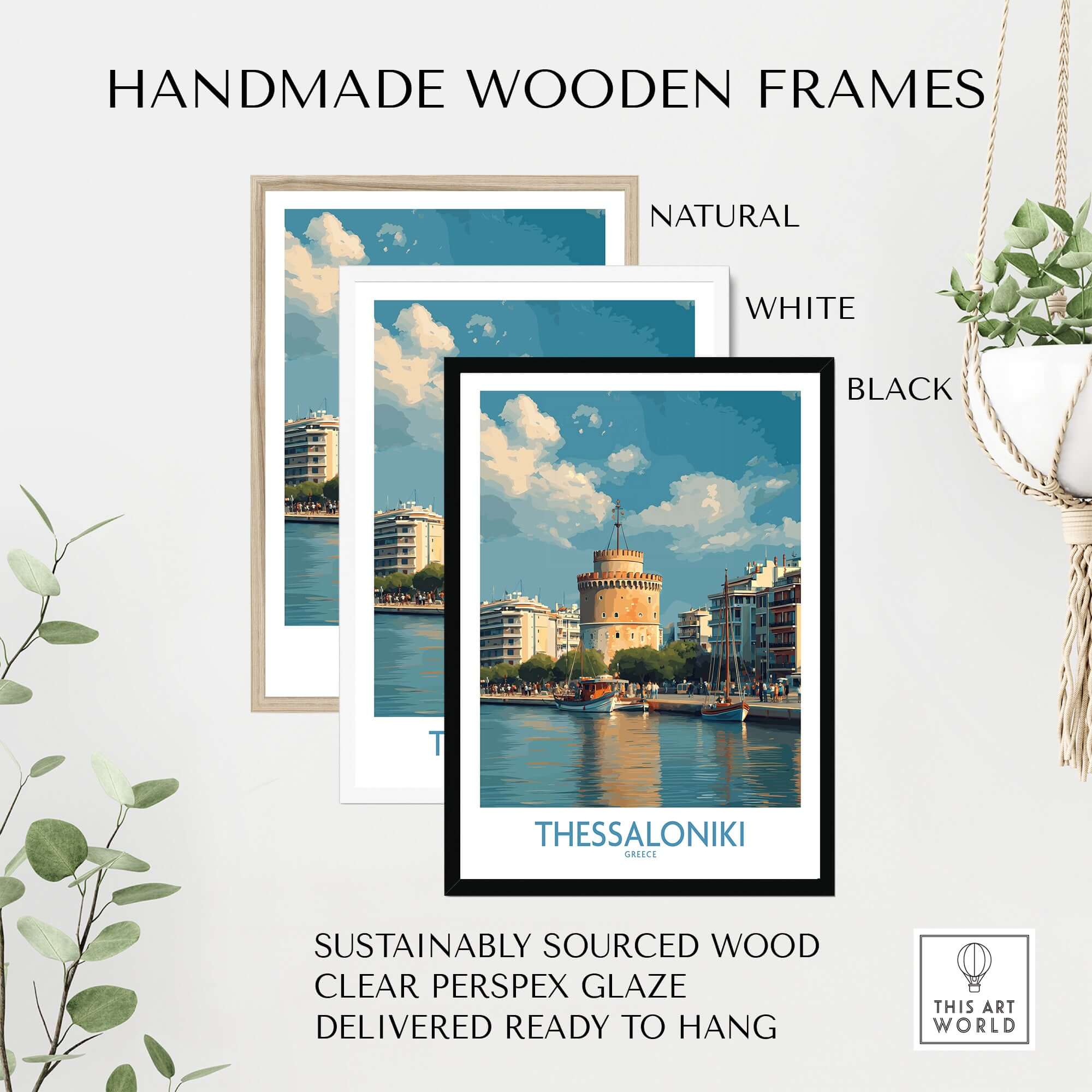 Thessaloniki Greece Poster | Historic Port Scene Print displayed in handmade wooden frames.