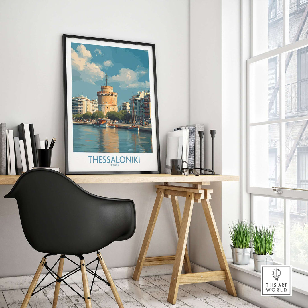 Thessaloniki Greece Poster | Historic Port Scene Print displayed in a bright workspace with a black chair and wooden table.