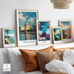Thessaloniki Greece Poster | Historic Port Scene Print framed among other travel posters on a stylish wall.