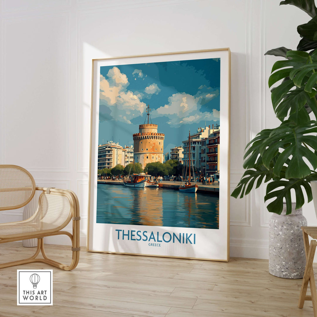 Thessaloniki Greece Poster | Historic Port Scene Print featuring the iconic White Tower and waterfront view.