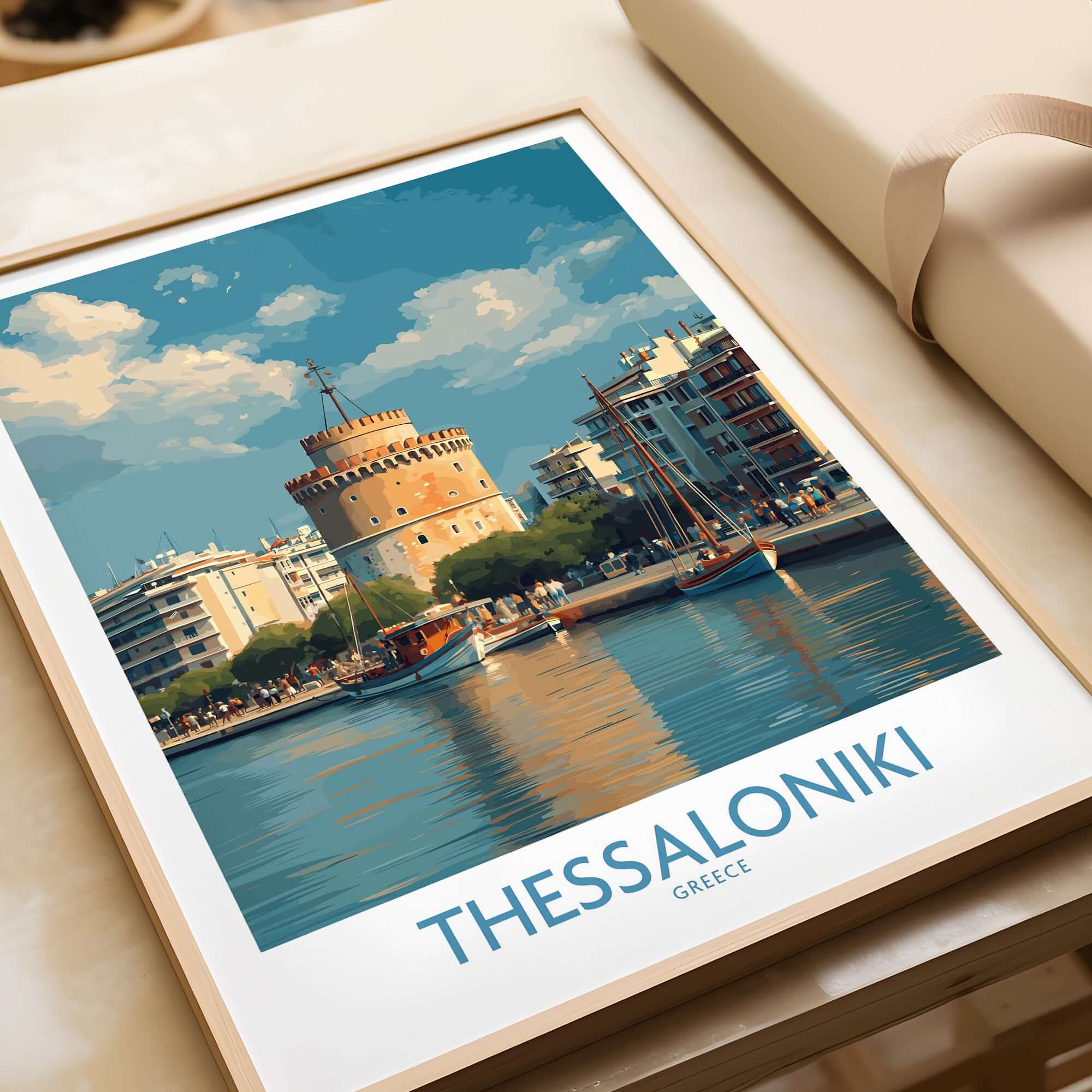 Thessaloniki Greece Poster | Historic Port Scene Print showing vibrant waterfront and iconic tower