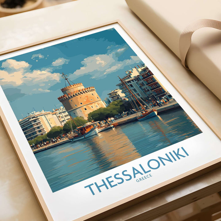 Thessaloniki Greece Poster | Historic Port Scene Print featuring a vibrant harbor view and iconic landmarks.