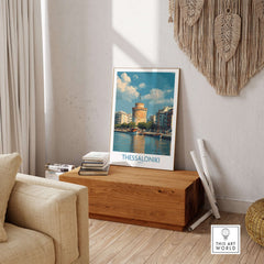 Thessaloniki Greece Poster | Historic Port Scene Print displayed in a cozy living room setting with wooden furniture.