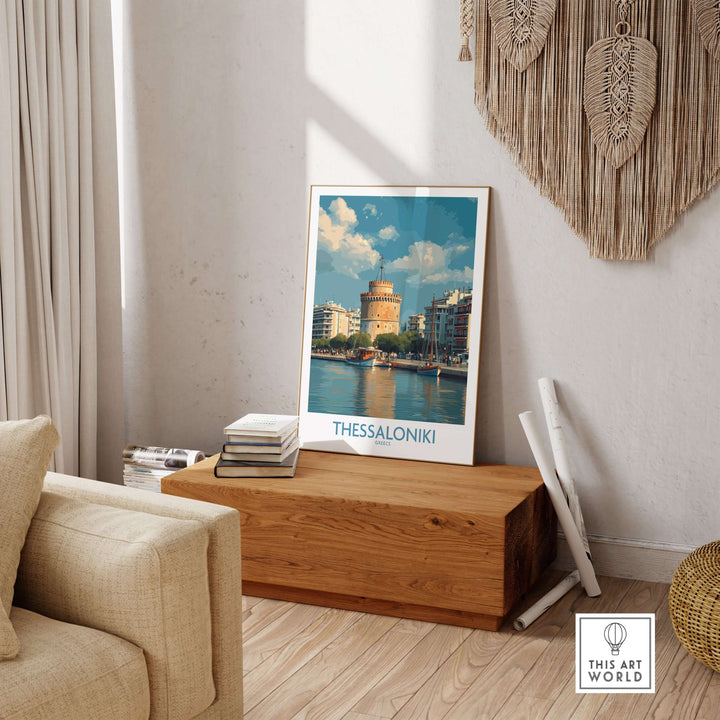Thessaloniki Greece Poster | Historic Port Scene Print displayed in stylish interior setting with wooden chest.