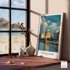 Thessaloniki Greece Poster | Historic Port Scene Print displayed on a wooden table near a window with a beach view.