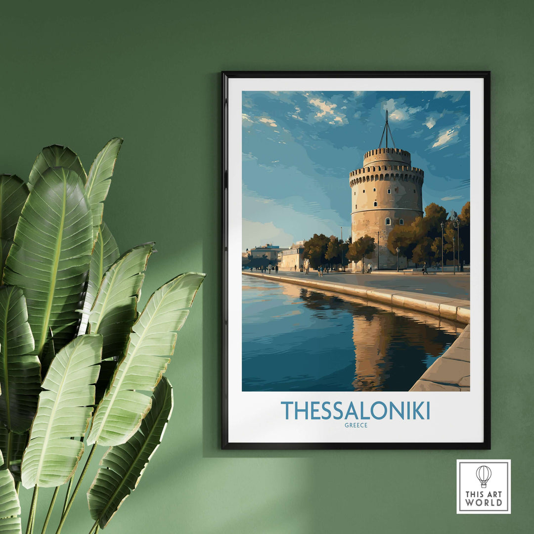 Thessaloniki Greece Print - White Tower of Thessaloniki displayed on a green wall with decorative plants.