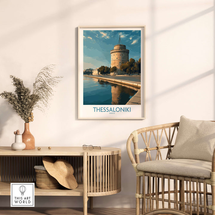 Thessaloniki Greece Print - White Tower of Thessaloniki displayed in a stylish living room decor.