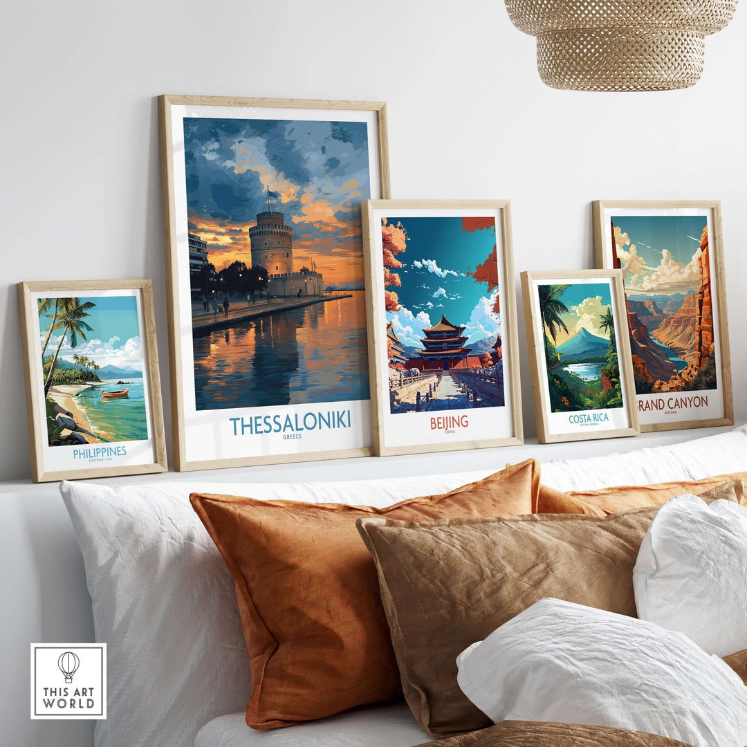 Thessaloniki Greece Sunset Print | Golden Hour Waterfront Poster collection displayed on a wall with vibrant landscapes.