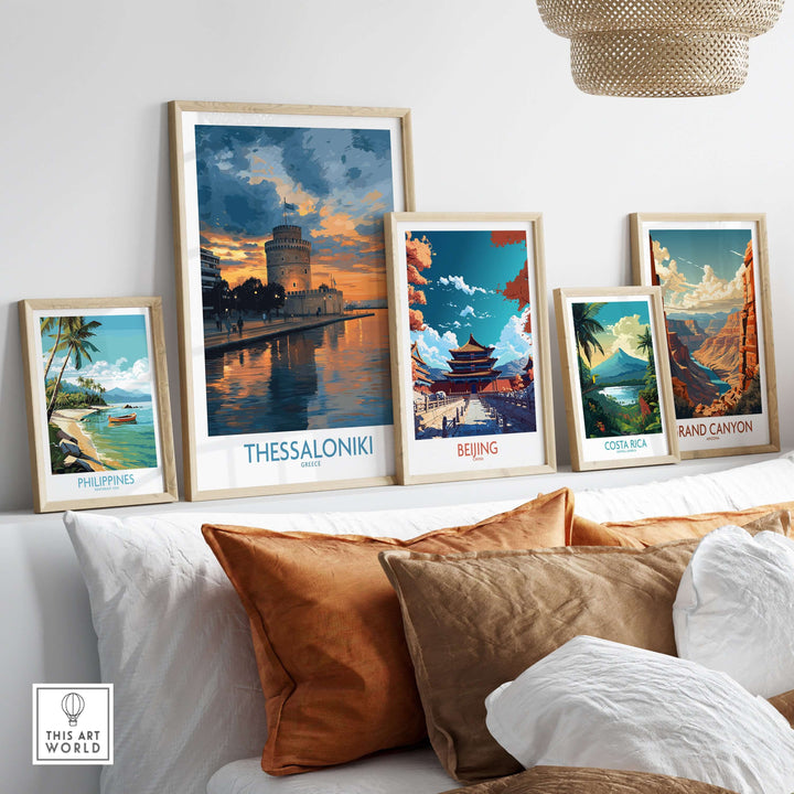 Thessaloniki Greece Sunset Print | Golden Hour Waterfront Poster collection displayed on a wall with vibrant landscapes.